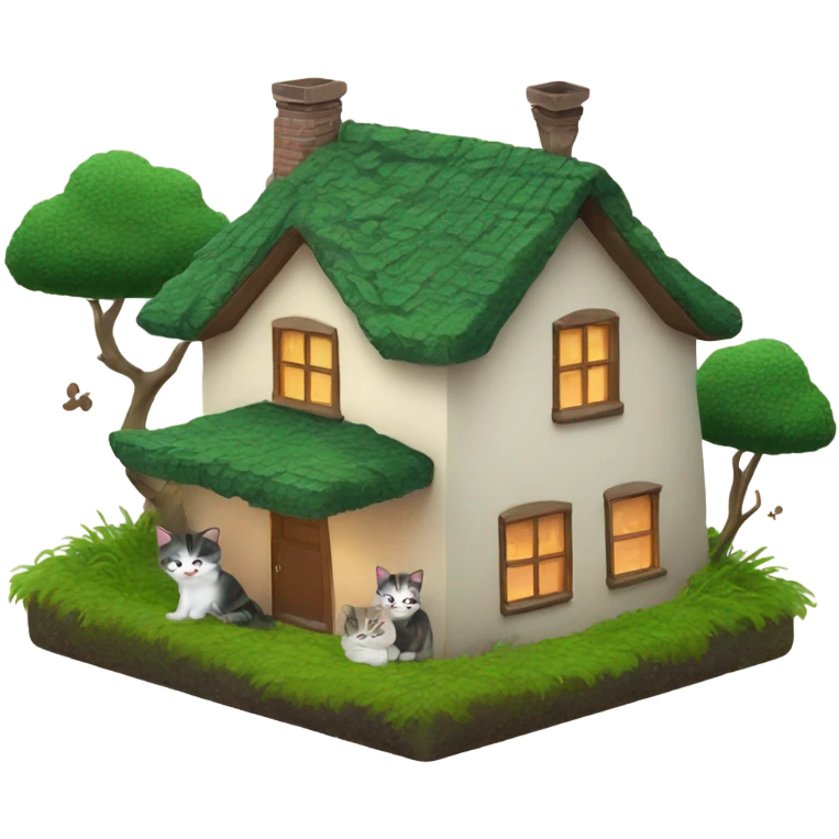 Cozy home with green moss on the roof with little cats  emoji