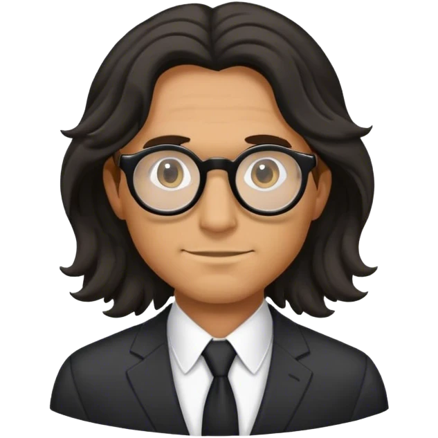 man with a long black wavy hair in a suit wearing round glasses emoji