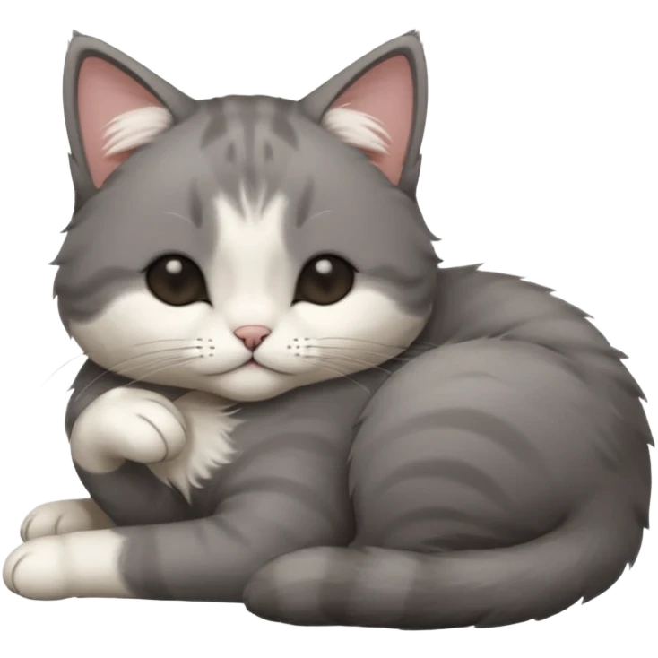 dark grey and white small cat with his eyes closed, leaning his head on his paw while leaning on his elbow lying down emoji
