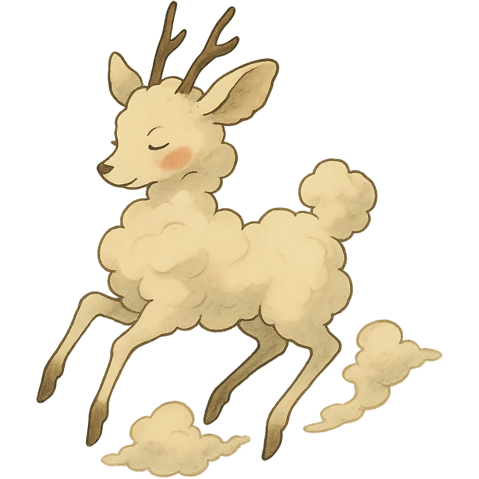 vanilla cloud doe with rosy cheeks, floating gracefully with witch-like elegance, brand identity mascot for social media, Ghibli style emoji