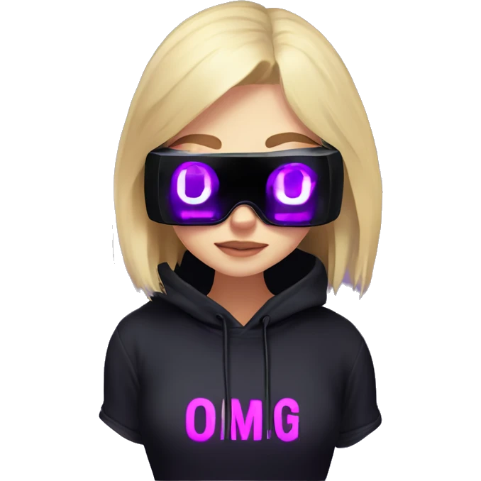Russian cute blond student girl wearing black hoody with violet letters "OMG", in vr headset. No eyes. Cyberpunk style. Violet neon. emoji