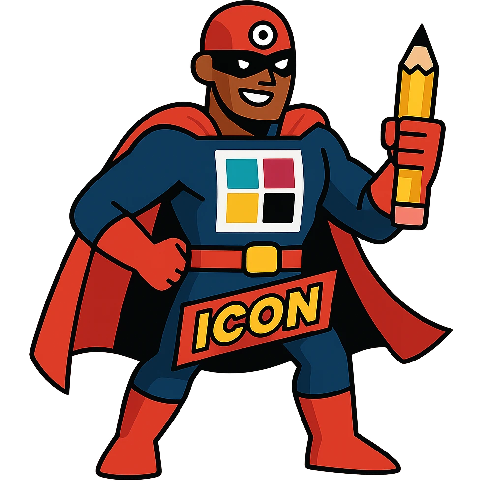 superhero character named Icon with a graphic designer theme emoji