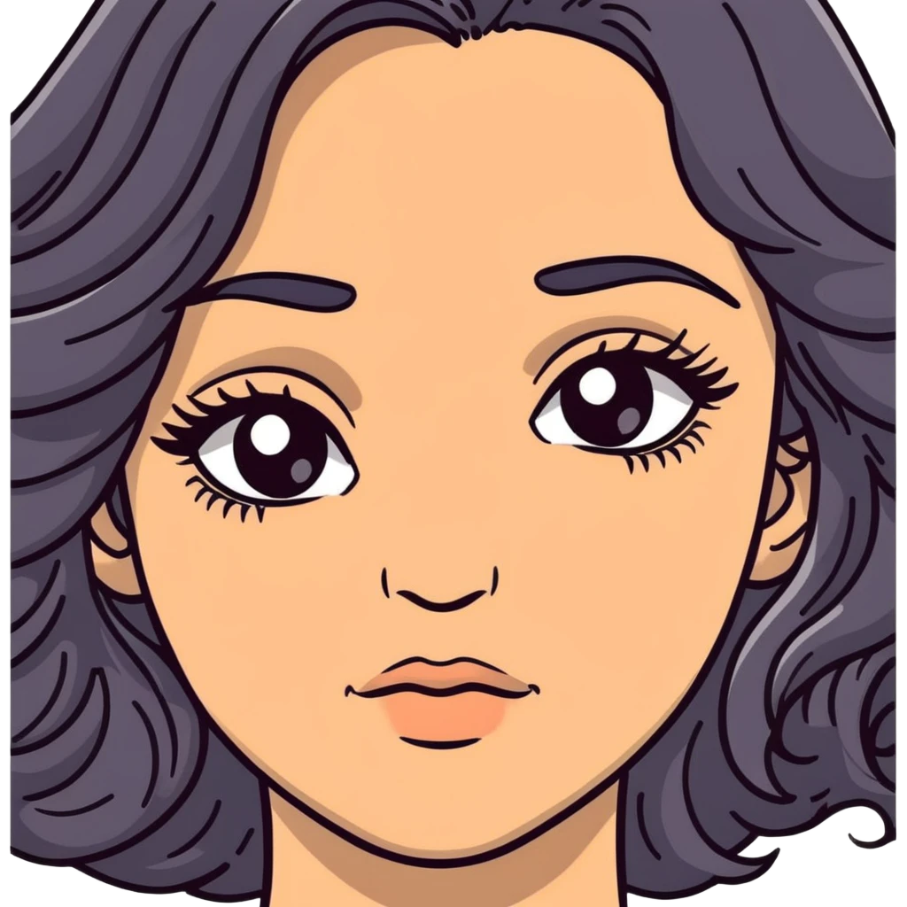 woman face with big grey eyes, medium skin tone, and black wavy hair emoji