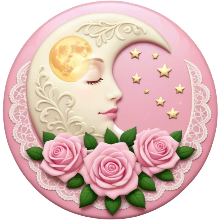 A round pink button with light cream damask lace, a full moon and stars and pink roses emoji