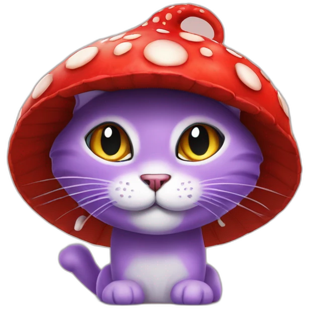 Purple cat in a fly agaric hat smiles evilly emoji