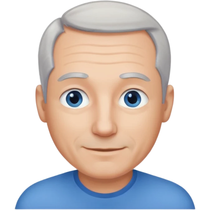Middle aged man with receding grey hair and no beard, blue eyes, shy smile emoji
