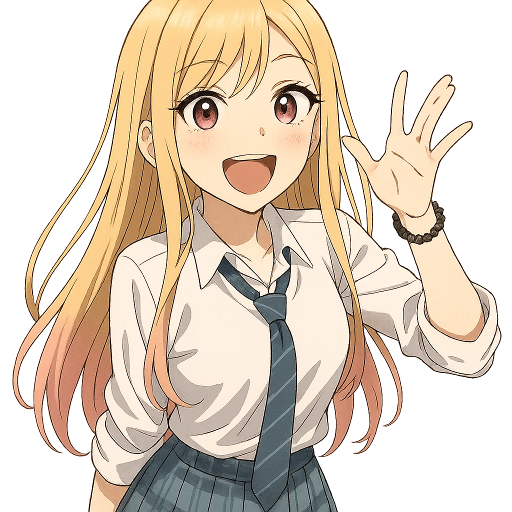 Marin Kitagawa, cheerful anime girl with long blonde hair and pink tips, school uniform, expressive face, anime style emoji