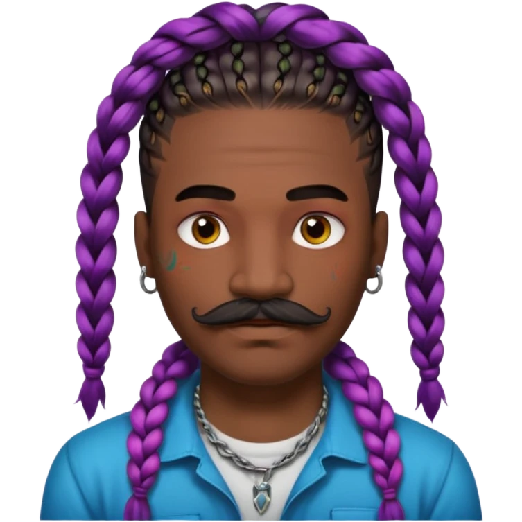big lose braids starting from the top of the head man with mustache face wiith big visible braids and lots and lots of colored face tattoos colored tattoos like a tattoo artist hair unique color emoji