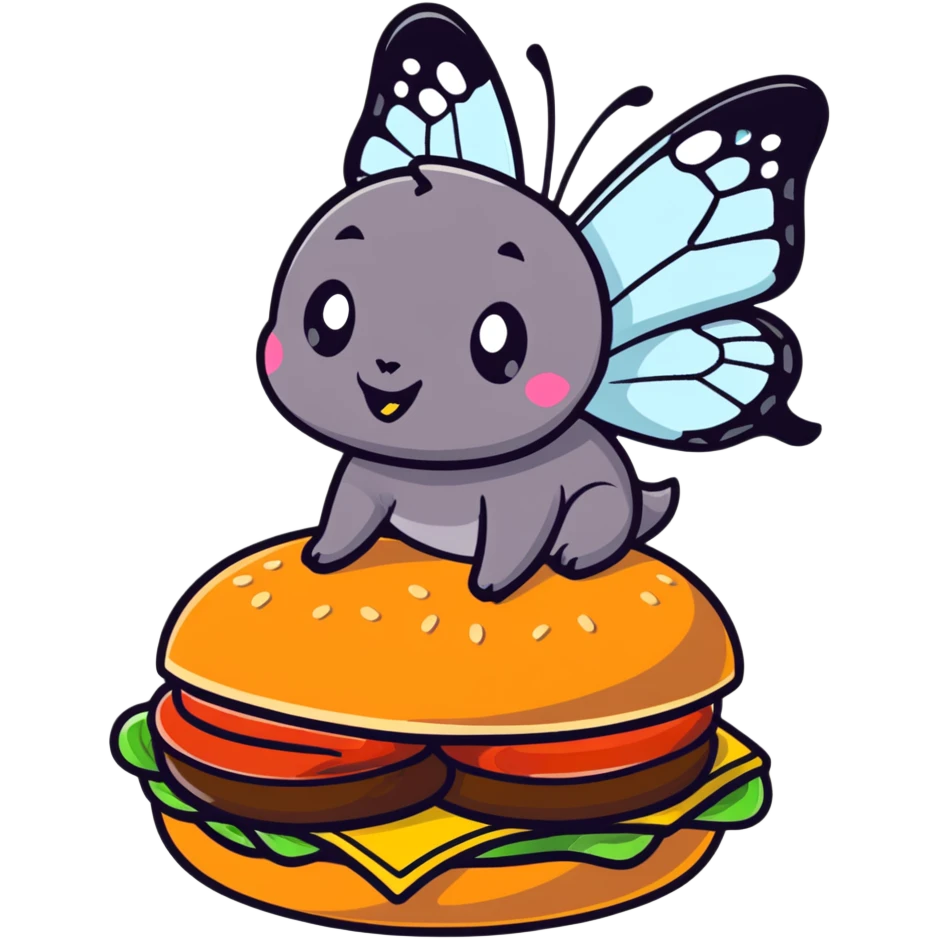 black butterfly sitting on a burger emoji