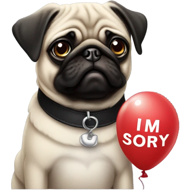 Black pug  and a ballon that says  “I’m sorry” emoji