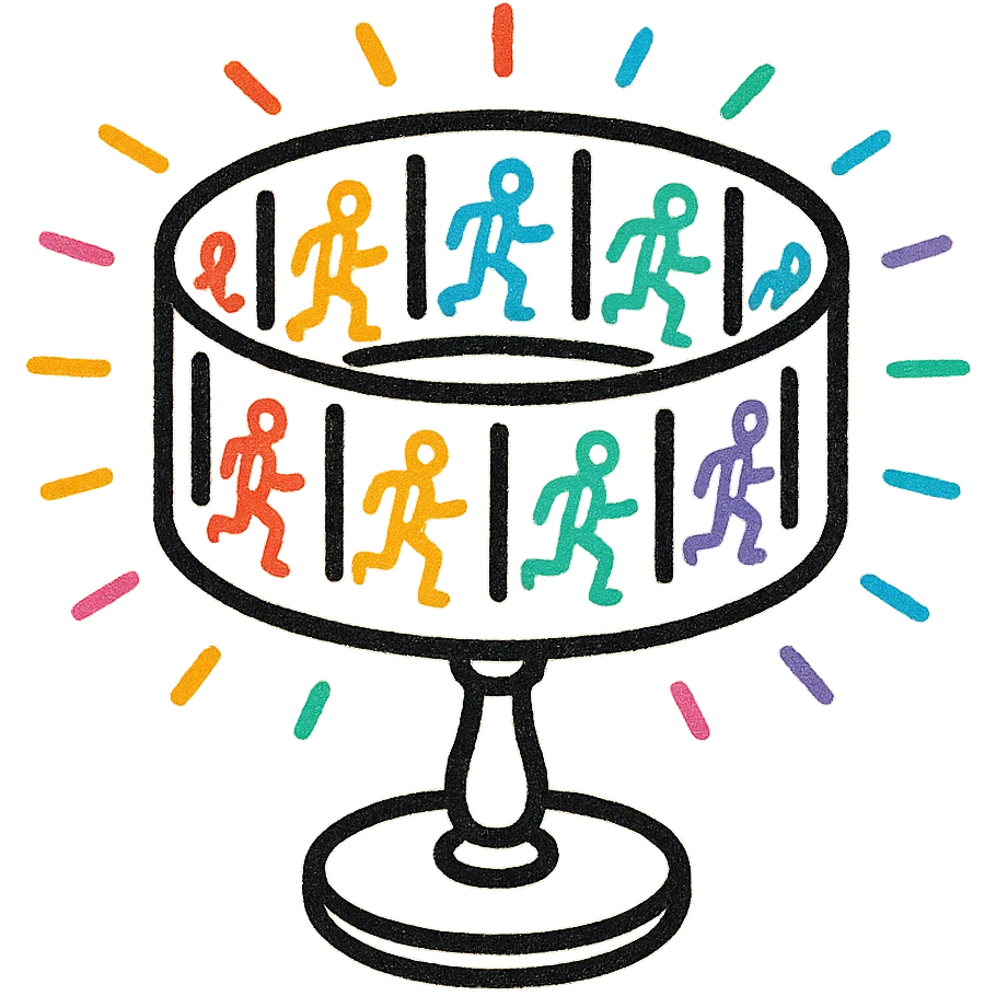 Make the zoetrope with vibrant, colorful animation frames around it, in the style of hand drawn icon with no fill emoji