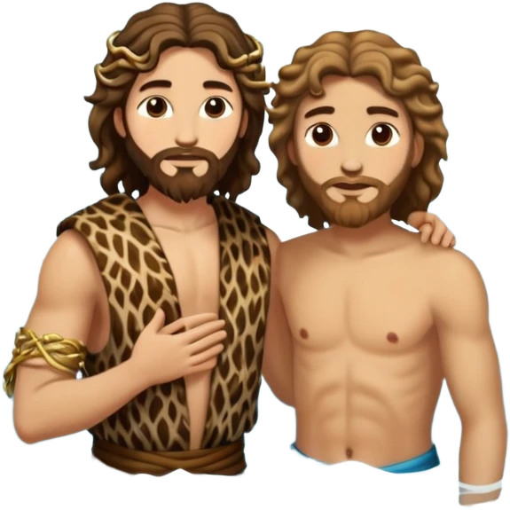 wavy hair John the Baptist, animal skin clothes, meets Jesus in the water, they have clothes on emoji