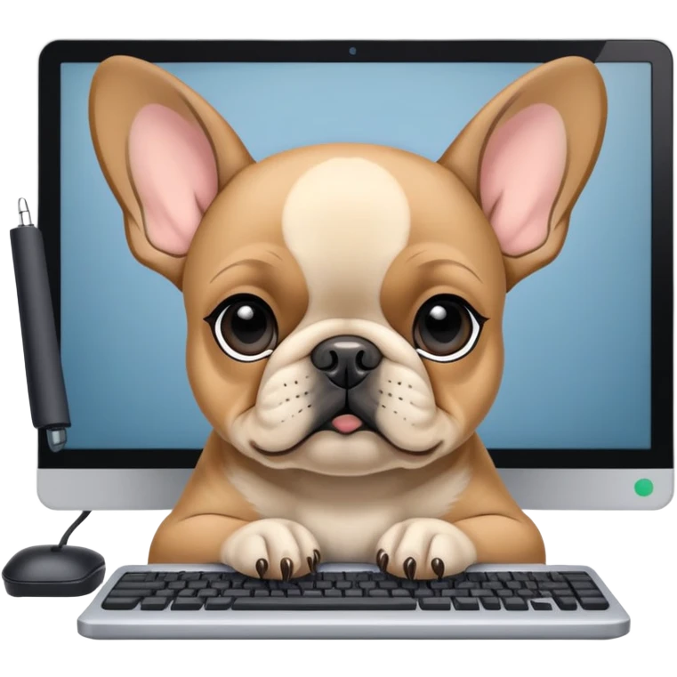Fawn Frenchie with black muzzle working behind computer emoji