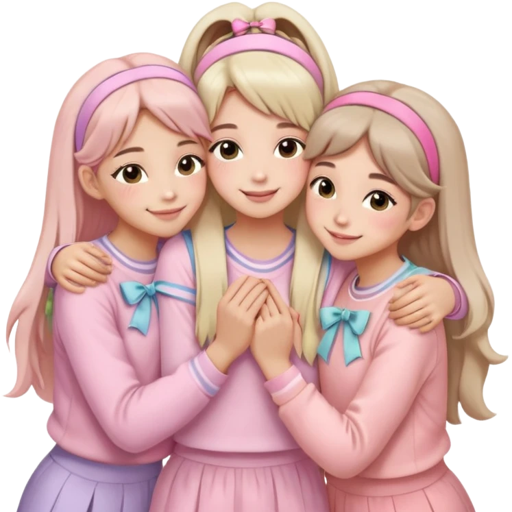 Four girls hugging each other, all wearing soft pink clothes, two with long hair and two with shoulder-length short hair, smiling, with hair accessories like headbands or ribbons, pastel color palette, soft shading, make someone pose with two fingers and someone kisses his cheek emoji