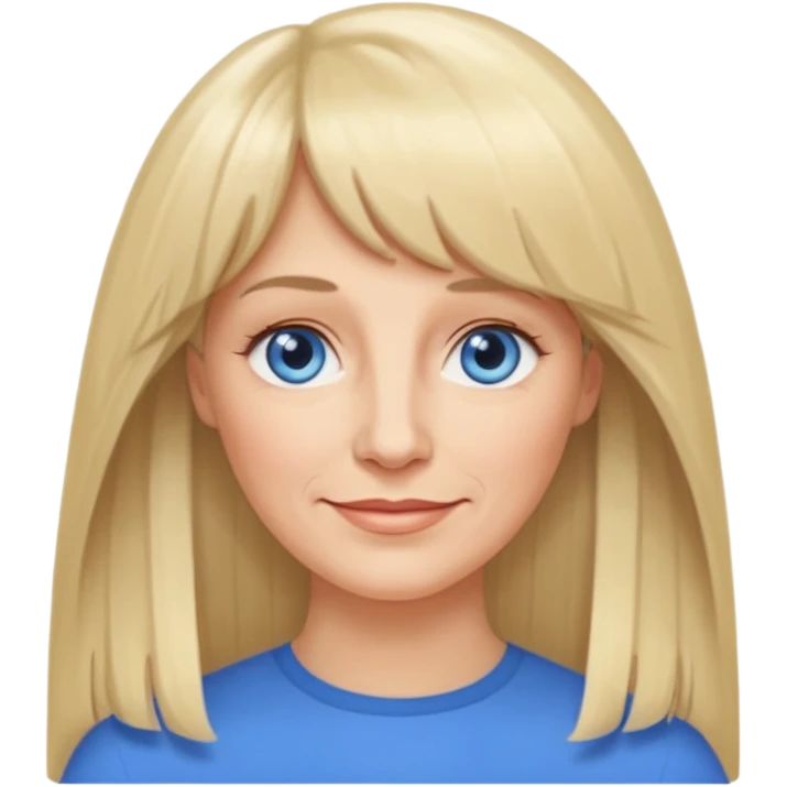 50 yr old white woman, curtain bangs, very long straight blond hair, oval face, small smile, blue eyes, thin face, hair down to elbows emoji