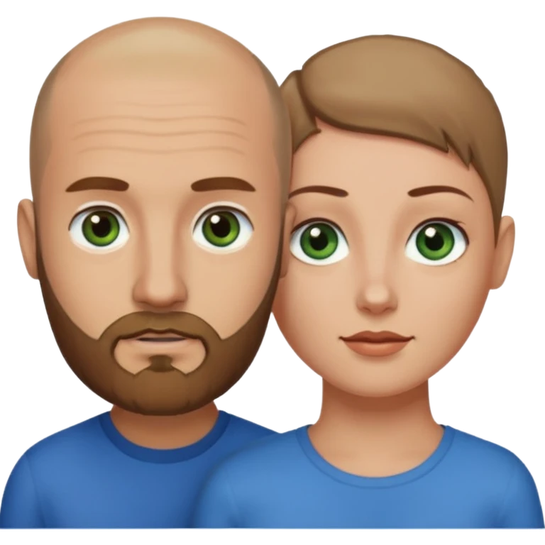 Man on left with shaved head with dark blonde beard and blue eyes and woman on the right with brown hair green eyes  emoji