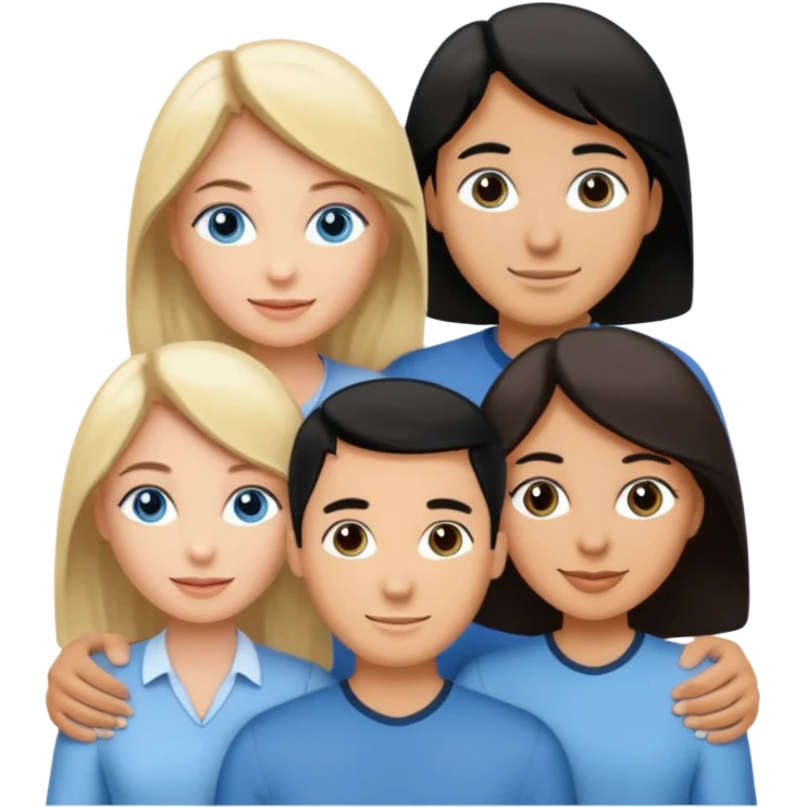 Blond woman blue eyes on left. Man with black hair and greye eye in the middle. Brown hair woman with greye eyes on the right. Happy together emoji