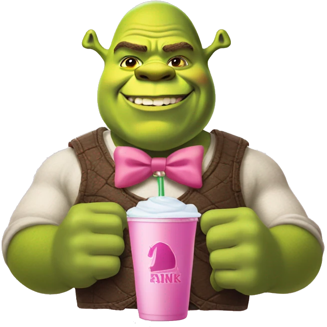 shrek with a pink bow and apink drink emoji
