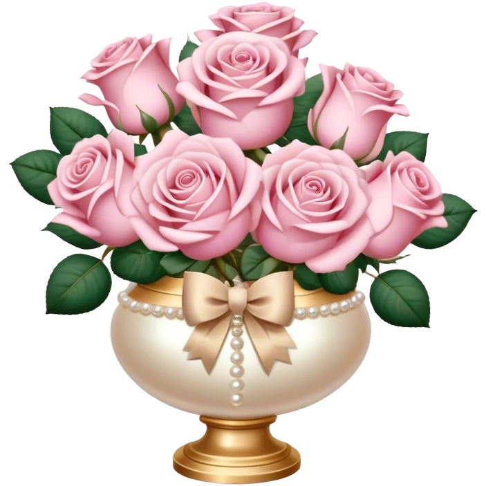 Realistic aesthetic powder pink rose bouquet  in a pearl vintage vase and a beige bow with gold decoration  emoji
