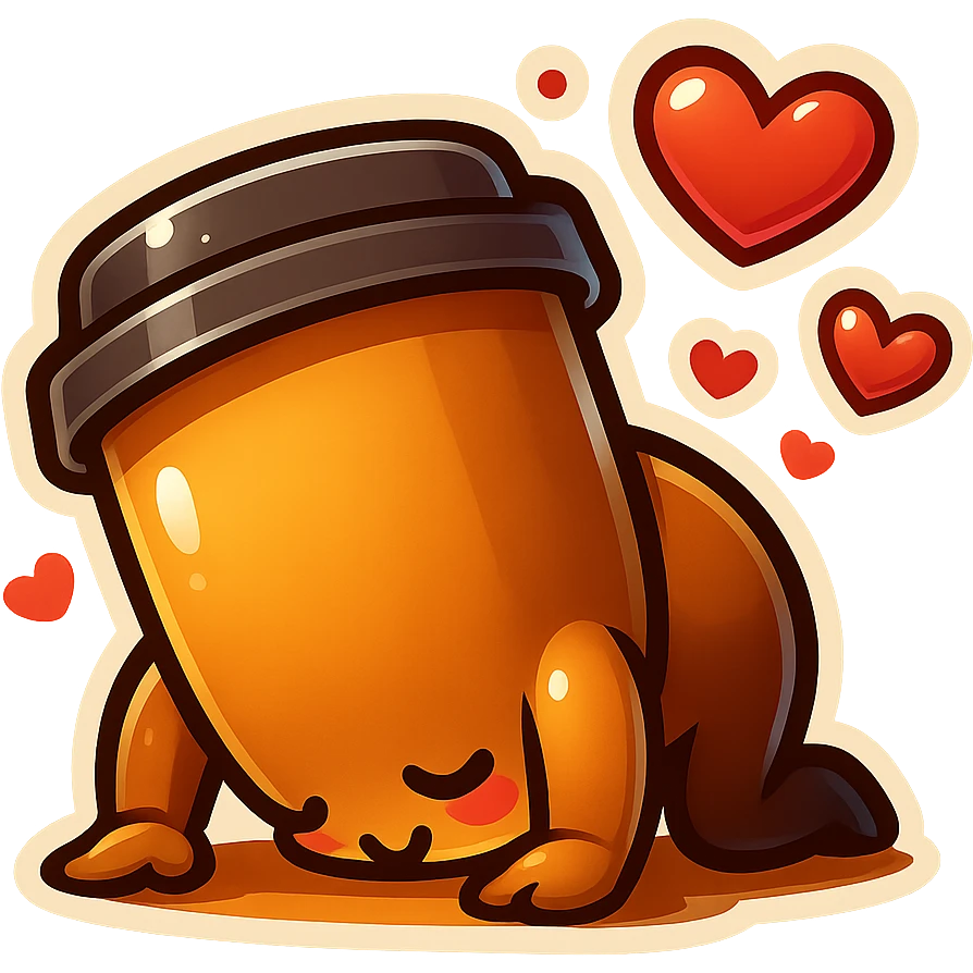 Tall coffee cup, bowing on knees, head on ground, covered in hearts emoji