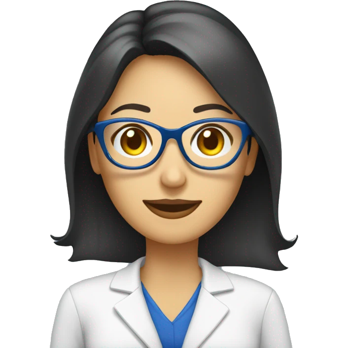 Mujer con gafas, lunar en en cachete izquierdo, gafas azules, con coleta, morena y bata blanca de nutricionista  emoji