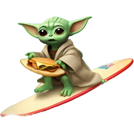 Baby yoda on a surf board while eating a burger and riding a wave emoji