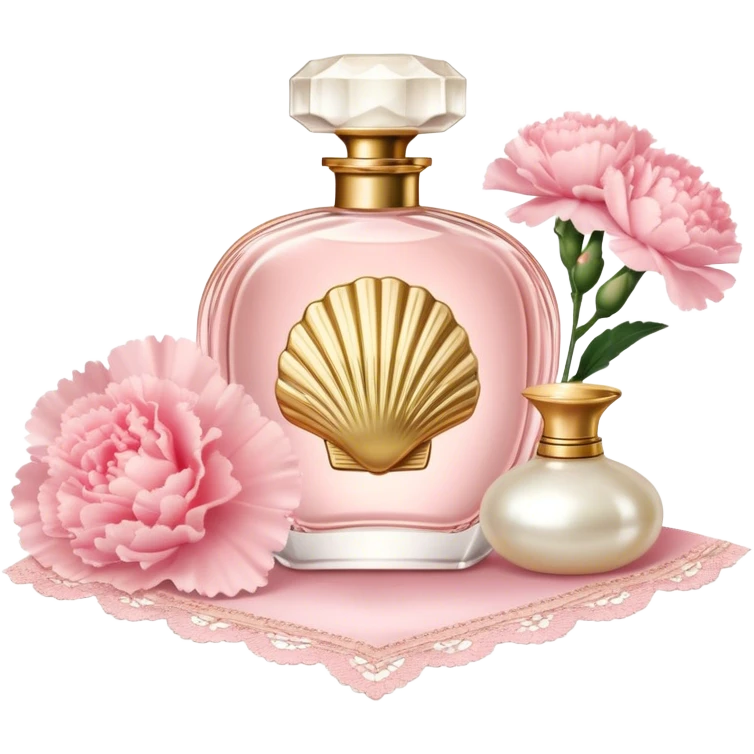 A vintage Shell Pink perfume bottle with gold details beside Pearl Pink carnations, glowing softly in candlelight. A lace-trimmed silk handkerchief adds a touch of romance." emoji