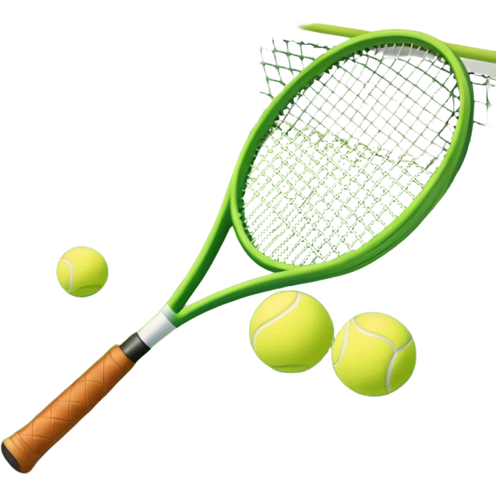 A tennis racket and ball positioned on a grass court, with the net and lines clearly visible in the background. The scene emphasizes the classic elements of the sport, capturing the energy and precision of a tennis match. emoji