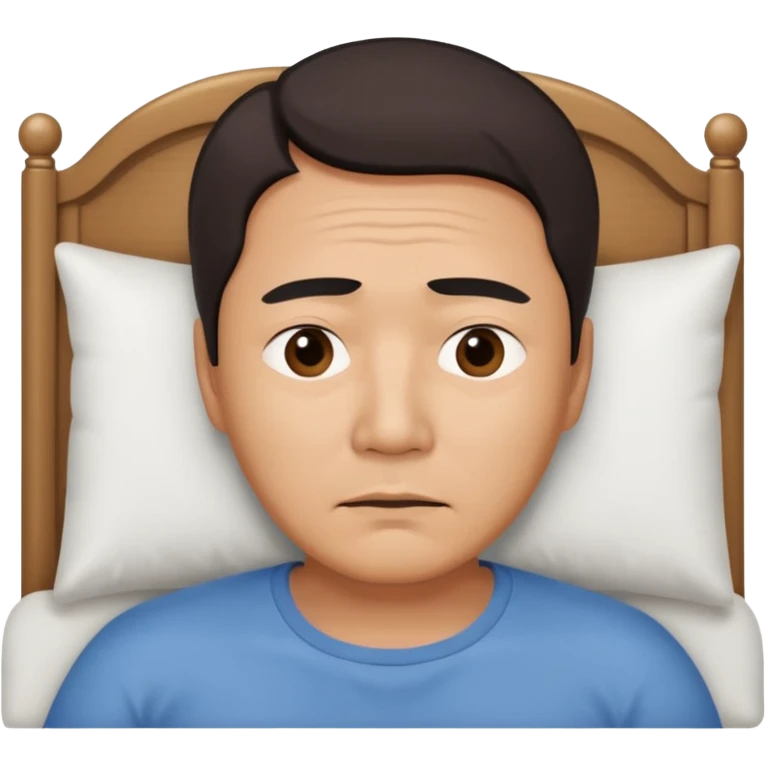 A middle-aged Asian man lying in bed, unable to sleep emoji