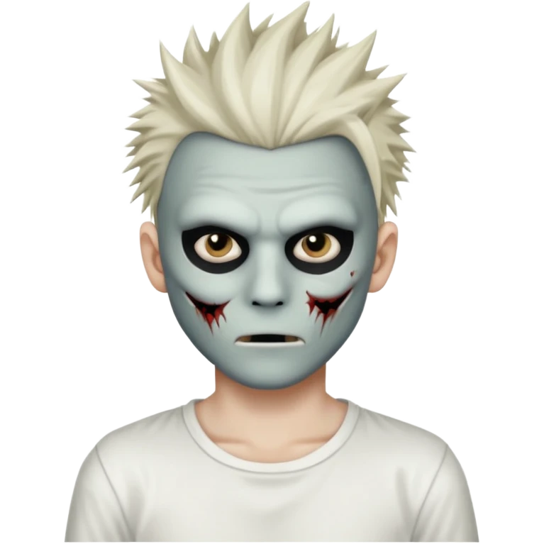 zombie boy with spiky emo hair and white shirt emoji and he wears an anonymous mask emoji