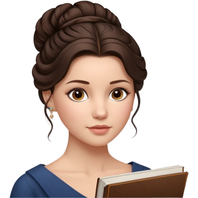 Cinematic Realistic Journal Portrait, depicted with lifelike skin texture, subtle rosy undertones, and soft natural lighting that enhances the gentle contours of her face. Her intricately detailed brunette hair is elegantly styled in an updo, emoji