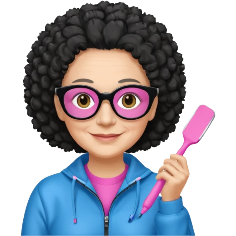 FEMME FRISÉ 60 ANS CHEVEUX NOIR FRISÉ LONG SOURIANTE AVEC CHANDAIL ROSE,   YEUX BLEU ET UN PINCEAU À LA MAIN LA MAIN AVEC 5 DOIGT SEULEMENT ET LUNETTE emoji