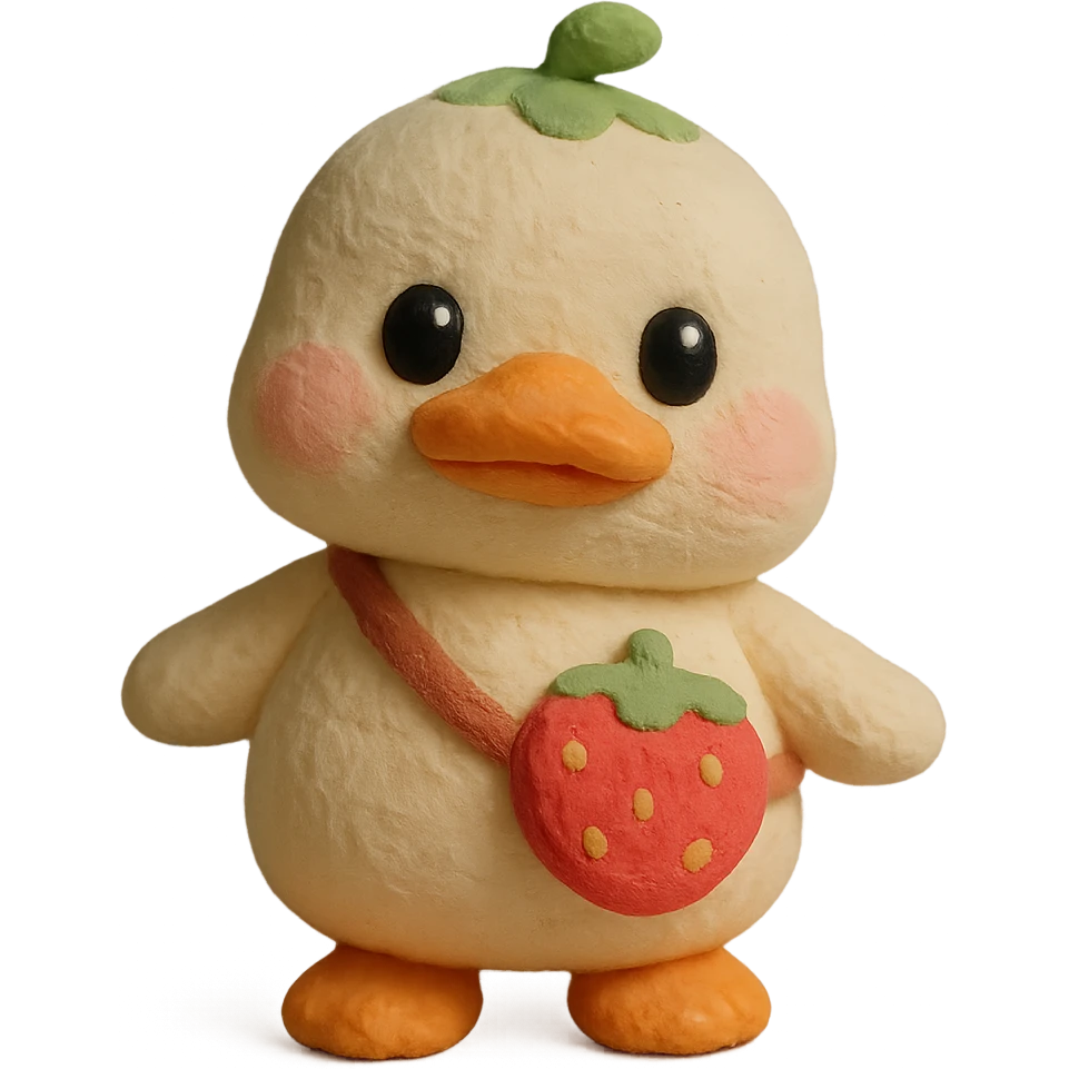 kawaii white duck with a strawberry-shaped shoulder bag, 3D clay style, pastel colors, big shiny eyes, soft lighting, chibi proportions emoji