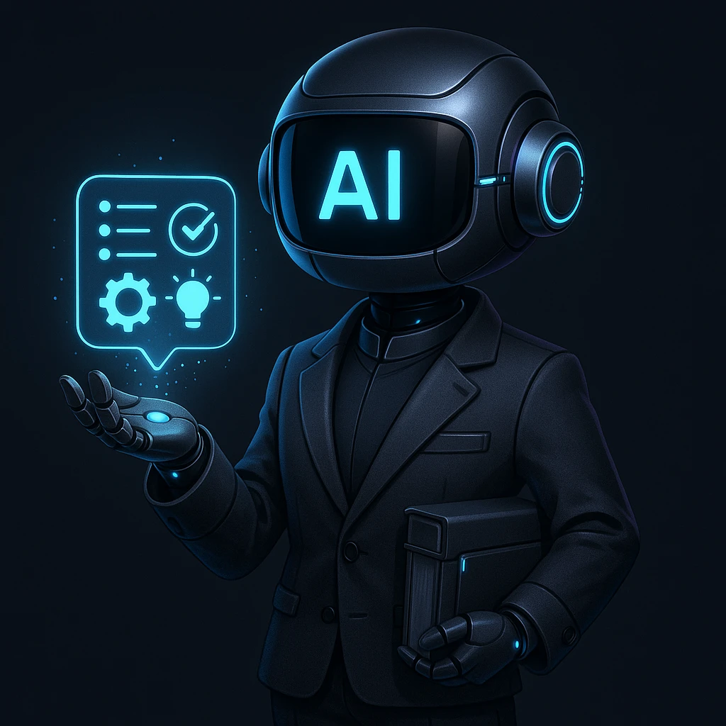 futuristic robot librarian with a holographic interface, dark mode style, holding glowing AI tool icons, resembling a mini productivity wizard with sleek tech accessories, wearing a smart minimalist outfit emoji