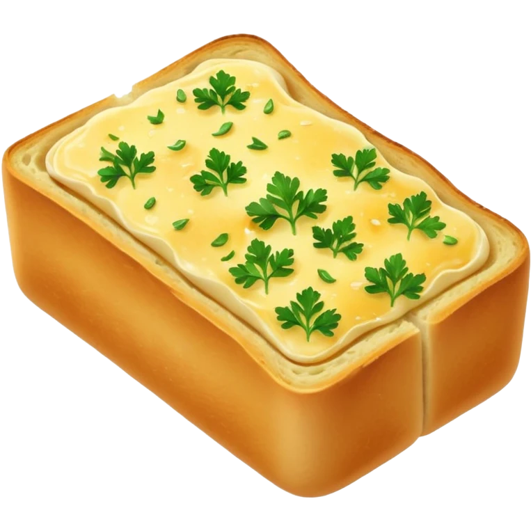 garlic bread slice, golden, crisp edges, melted butter and herbs, soft fluffy inside, toasted glossy crust, parsley and garlic flecks, no plate or knife, soft lighting, emoji scale emoji
