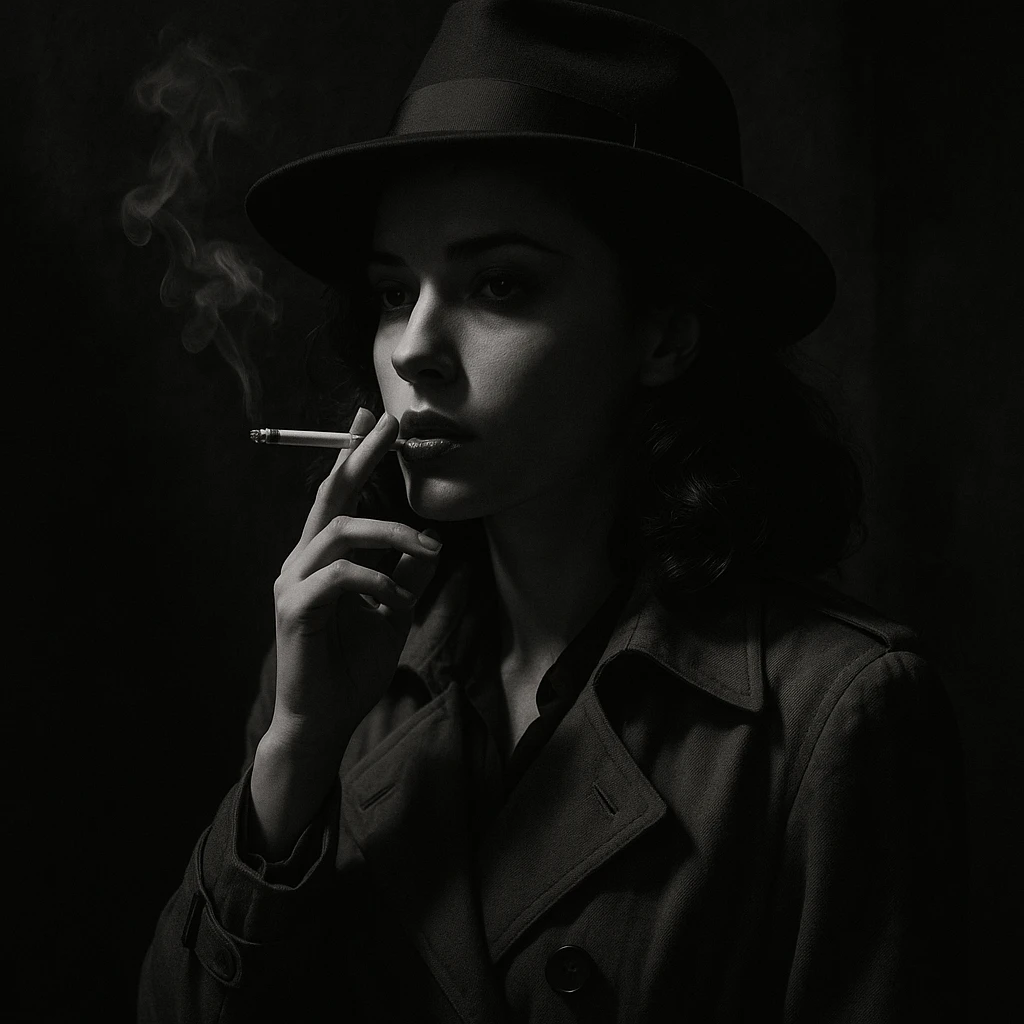 a girl smoking, noir style, shadowy, mysterious, vintage detective film vibe emoji
