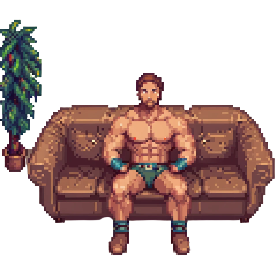 Make the muscular man shirtless, sitting on a couch, keep the pixel art style, with no background. emoji