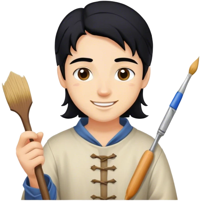 happy painter apprentice with black hair drawing, medieval age emoji
