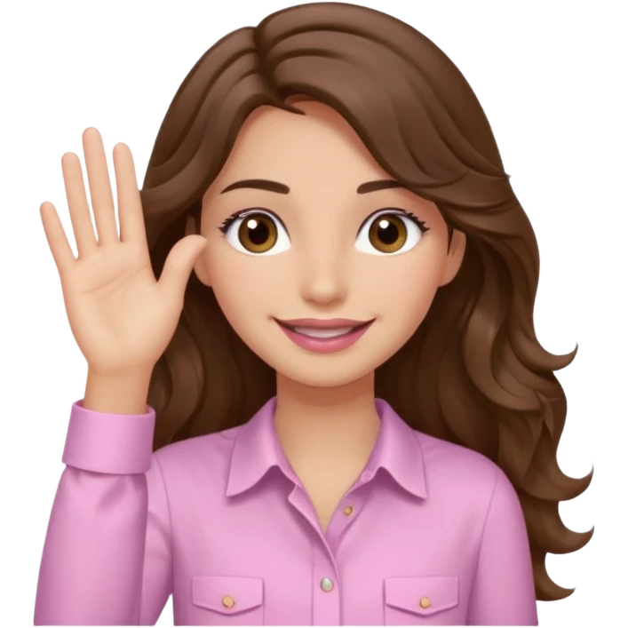 girl with wavy long brown hair, brown eyes, light to medium complexion, long lashes, light pink lipstick, wearing light pink shirt, smiling, hand covering eyes emoji