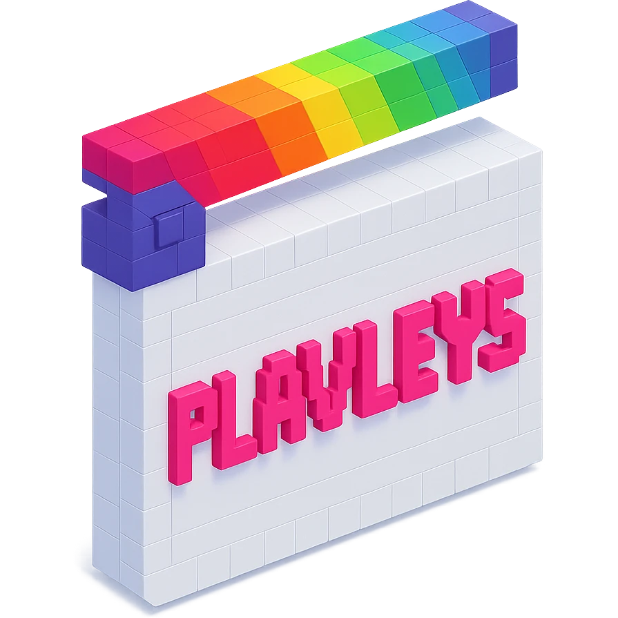 voxel style movie clapperboard, white body, colorful lid, pink text 'PLAVLEYS', isometric view emoji