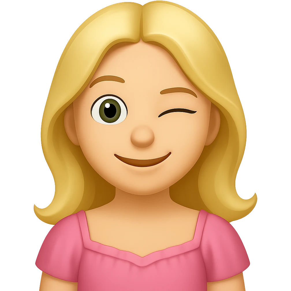 Create an iOS emoji style blonde woman with long hair and pale green eyes, winking expression, based on the appearance in the reference image. emoji