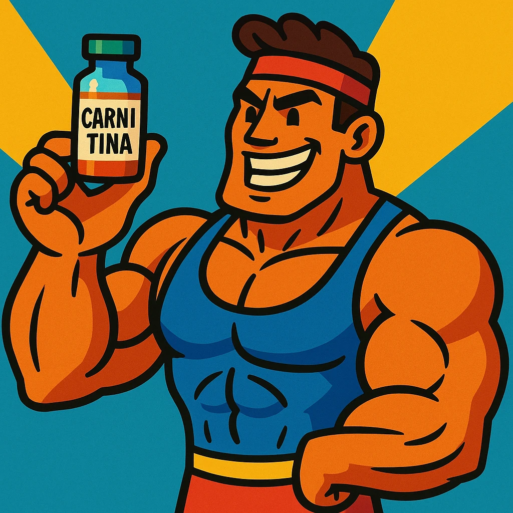 bodybuilder holding a vial with visible label 'CARNITINA', vibrant cartoon style emoji