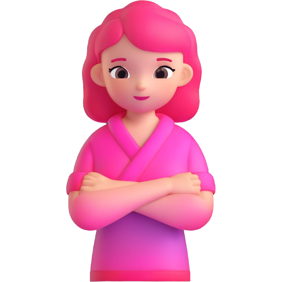 Shy girl character with arms crossed, transparent glass style, bright pink gradient, soft shadows and highlights, minimalist cute design emoji