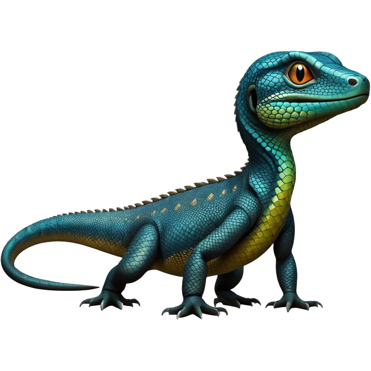 cinematic-monitor-lizard-realistic-full-body-standing on all fours-emoji,-long-powerful-tail-dragging-slightly-behind,-sleek-scaled-body-textured-with-rich-patterns,-head-tilted-dramatically,-dark-intense-eyes-observing-its-surroundings,-simplified-yet-realistic-focused-features,-highly-detailed,-glowing-with-an-almost-sarcastic-glow emoji