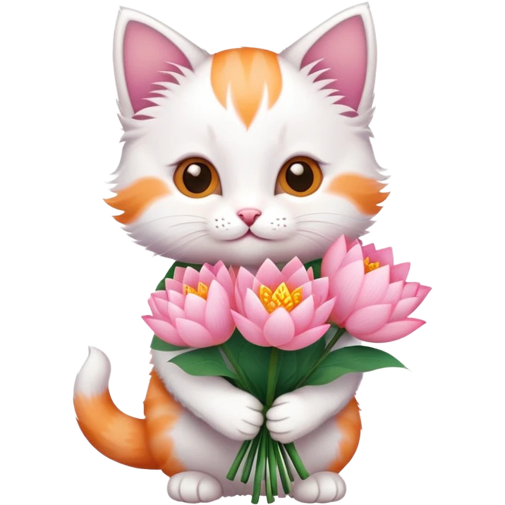 Kitten holding a bouquet of lotus flowers emoji