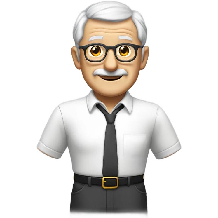 An elderly English man with a kind and dignified appearance, wearing thin-framed glasses. He has neatly combed grey hair and a clean-shaven face with no moustache or beard. He is dressed in a crisp white smart polo shirt with black buttons, emoji