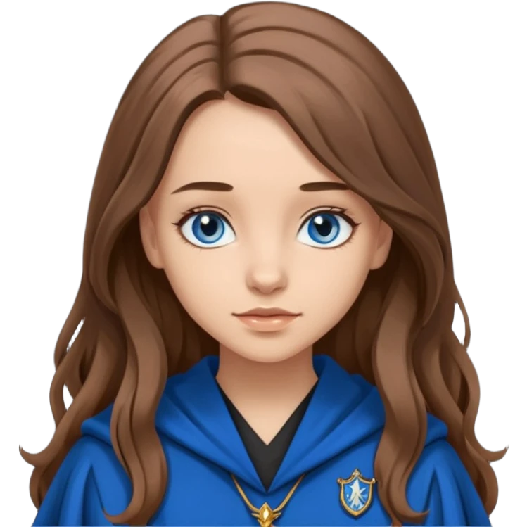 gorgeous Girl with light skin, blue eyes, long brown hair, wears ravenclaw black and blue robes  emoji
