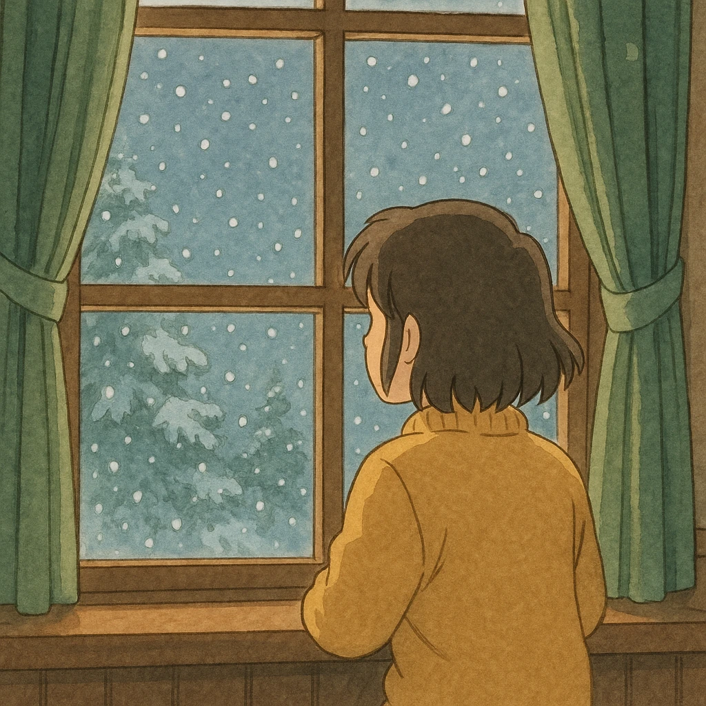 ghibli style illustration of someone watching snow fall through a window emoji
