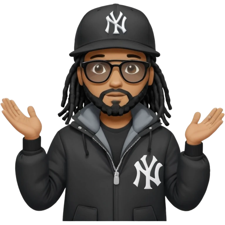 African American man with shoulder length black dreadlocks with black beard wearing black sunglasses wearing a black New York Yankees logo baseball cap wearing a black bubble winter coat with hands out in balancing position emoji