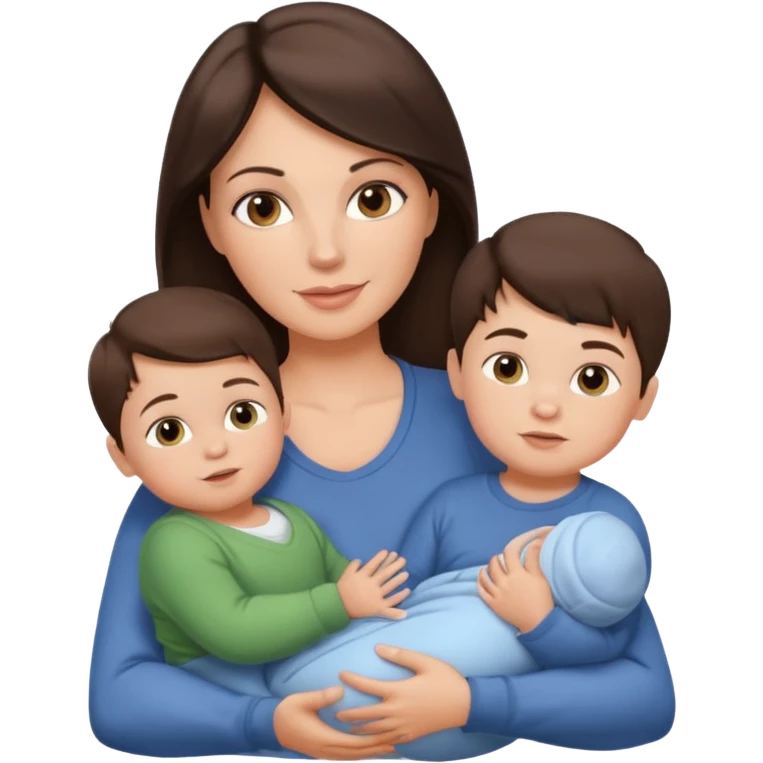 Beautiful fit Brunette Mom holding a baby and two sons, ultra realistic  emoji